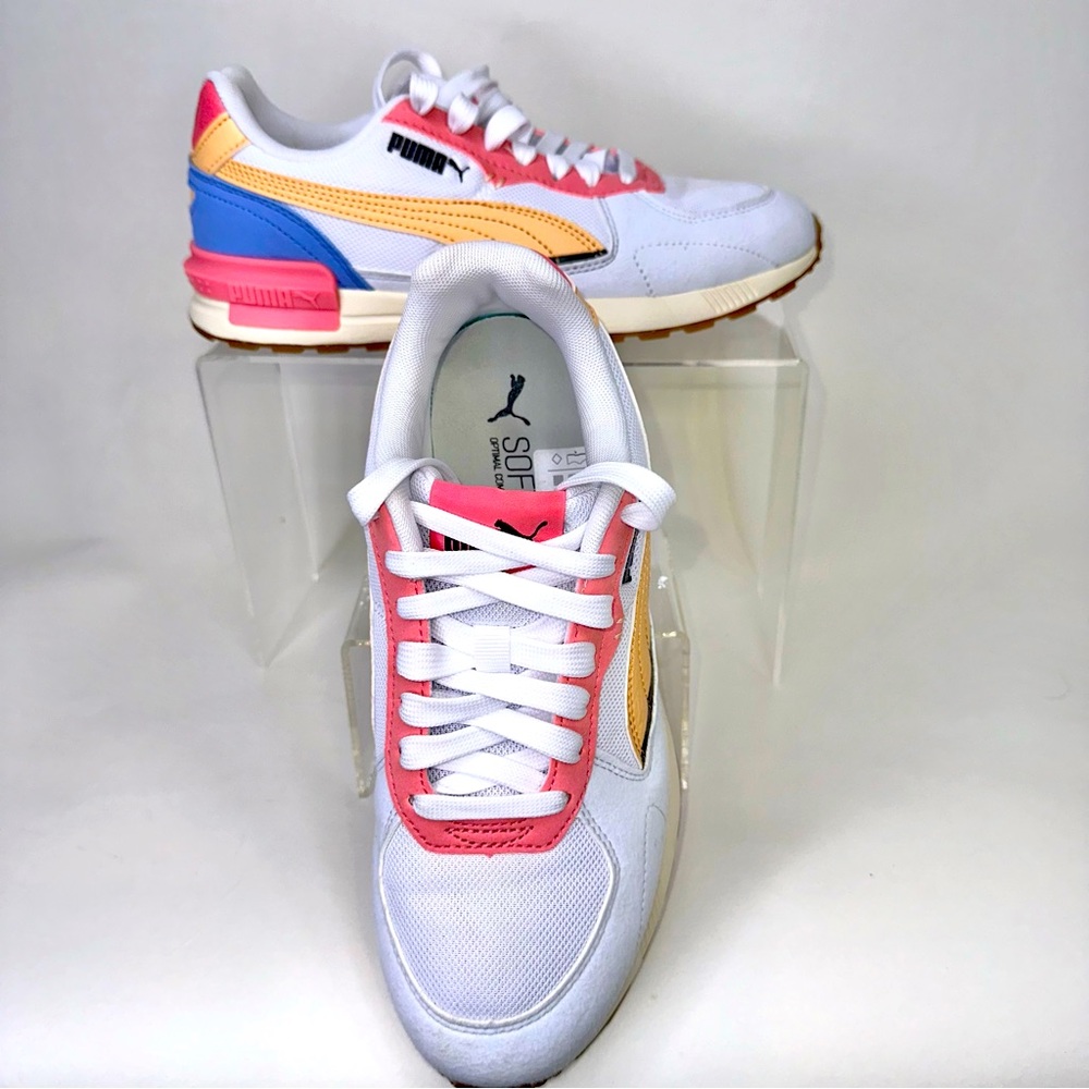PUMA R78 Voyage Women’s Sneakers – White/Pink/Peach/Blue (Style 387067-58)